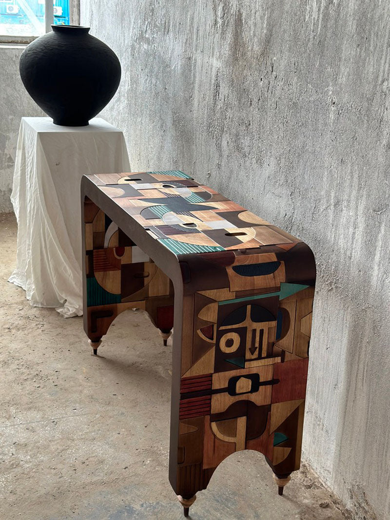 Wood Abstract Inlays Console Table