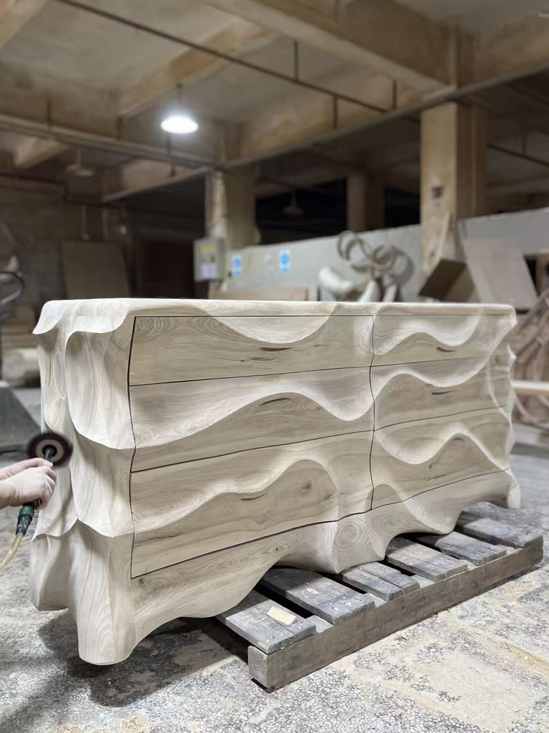 Bespoke Wave Design Handcraft Solid Wooden Luxury Sideboard Cabinet 