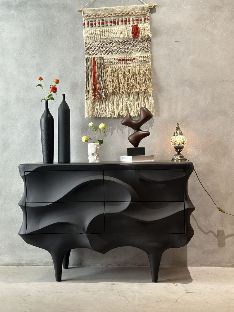 Solid Wood Wave Design Luxury Sideboard Cabinet