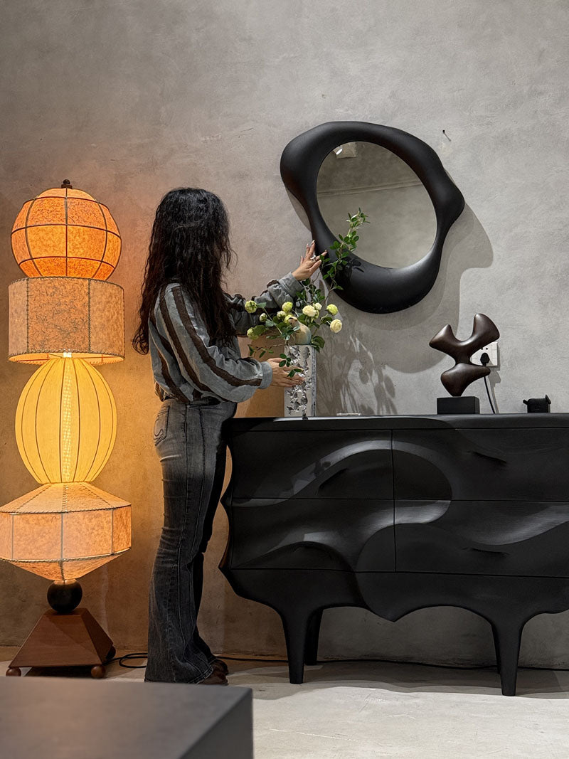 Solid Wood Wave Design Luxury Sideboard Cabinet