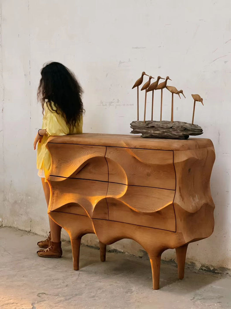 Solid Wood Wave Design Luxury Sideboard Cabinet