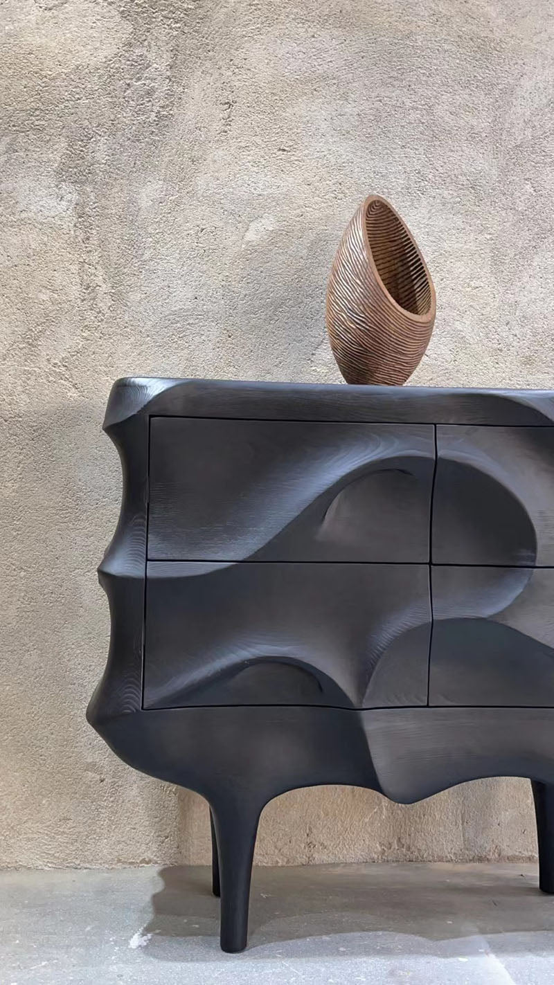 Solid Wood Wave Design Luxury Sideboard Cabinet