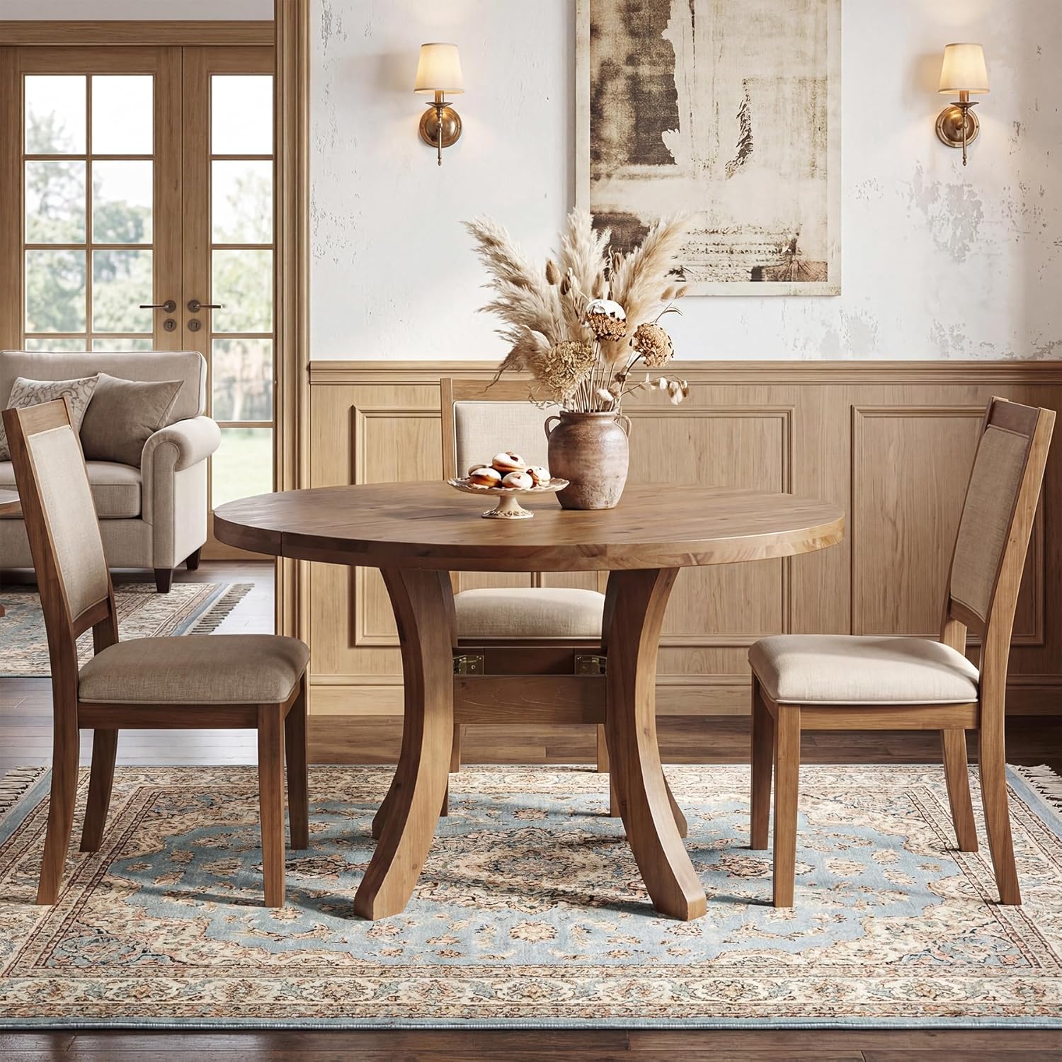 Farmhouse Circle Kitchen Round Table with Unique Curved Legs