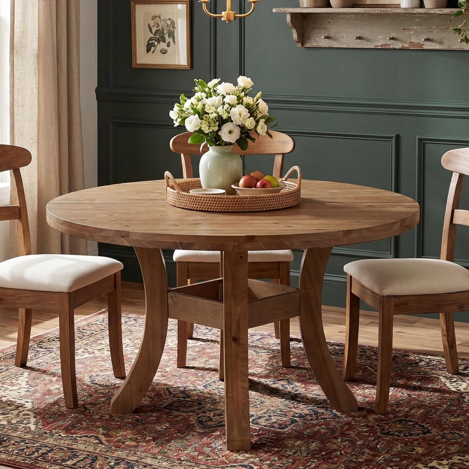 Farmhouse Circle Kitchen Round Table with Unique Curved Legs