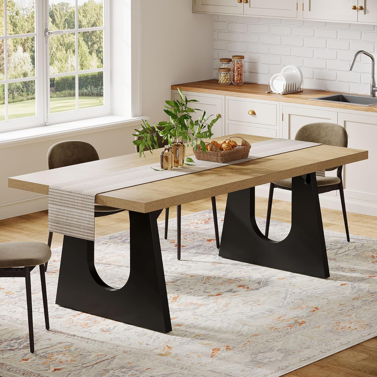 Wood Rectangular Table with Black Wooden Legs for 6-8 People