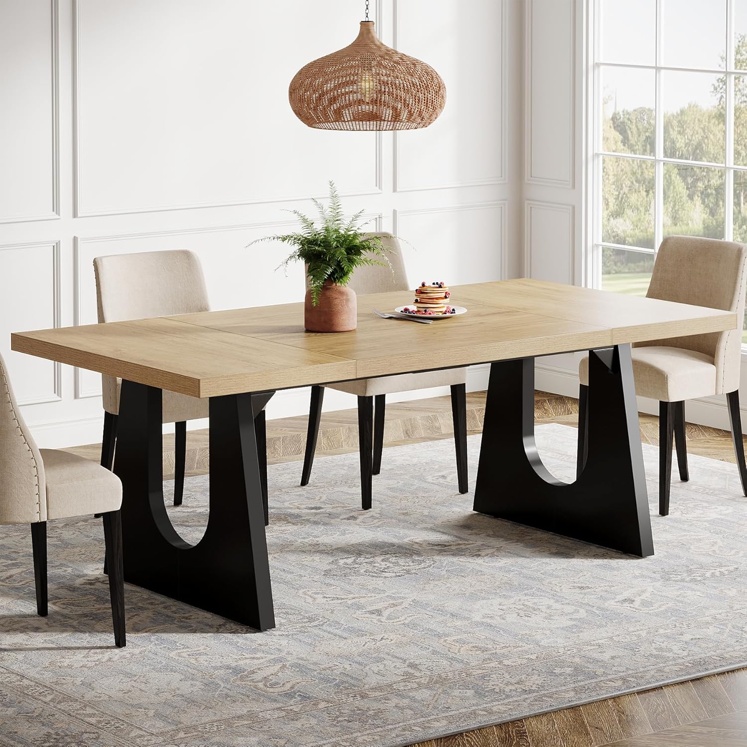 Wood Rectangular Table with Black Wooden Legs for 6-8 People