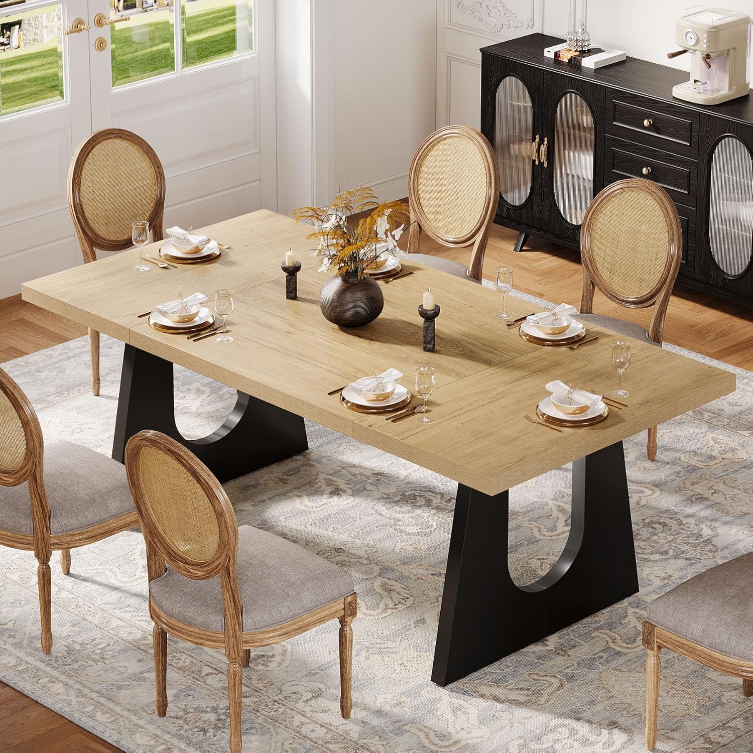 Wood Rectangular Table with Black Wooden Legs for 6-8 People