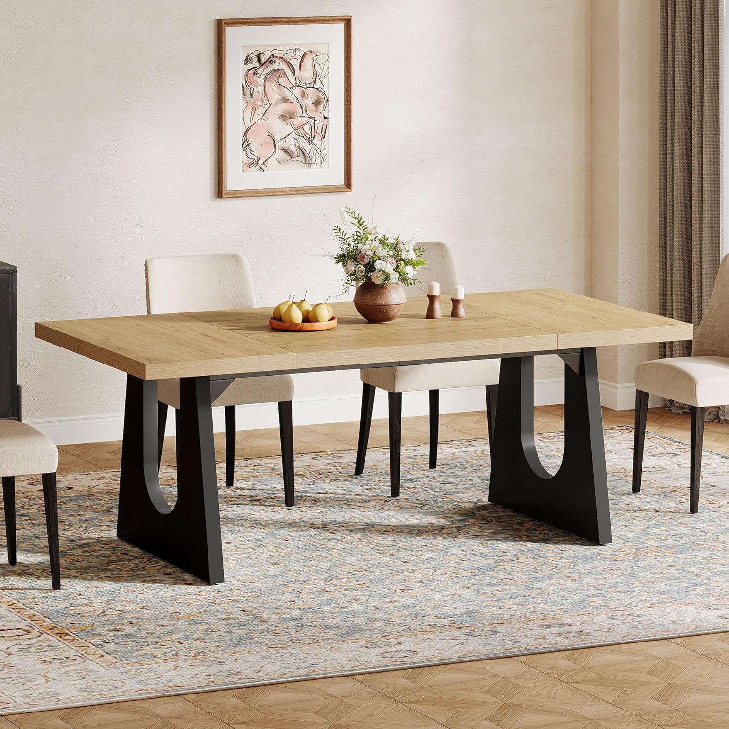 Wood Rectangular Table with Black Wooden Legs for 6-8 People