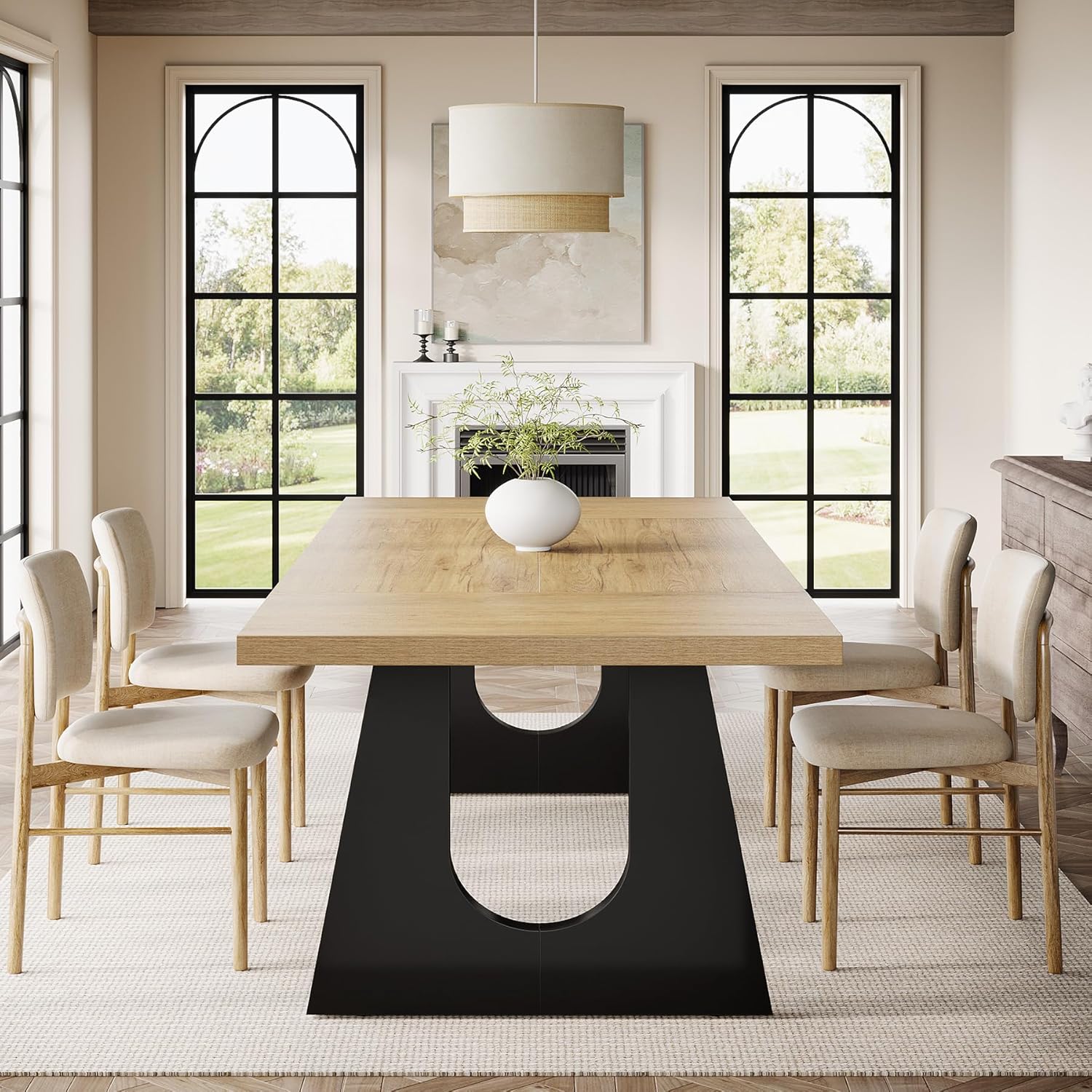 Wood Rectangular Table with Black Wooden Legs for 6-8 People