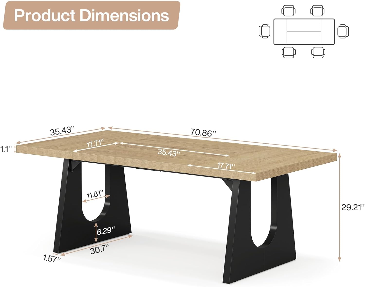 Wood Rectangular Table with Black Wooden Legs for 6-8 People