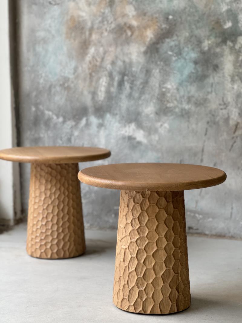 Modern natural hand-carved honeycomb solid wood side table
