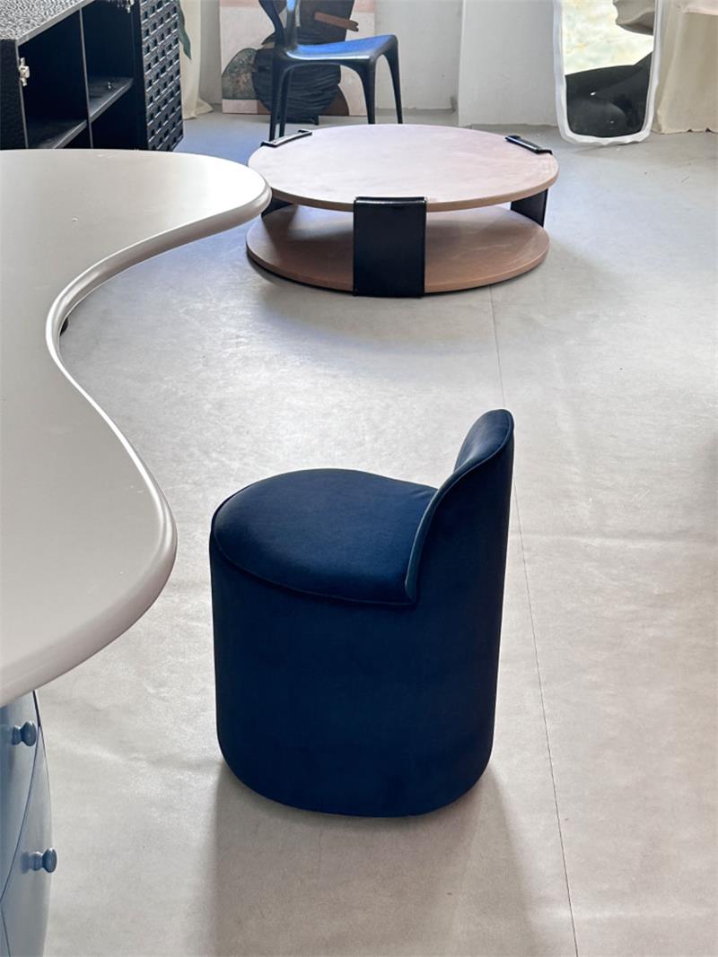Modern navy blue velvet round padded back vanity stool