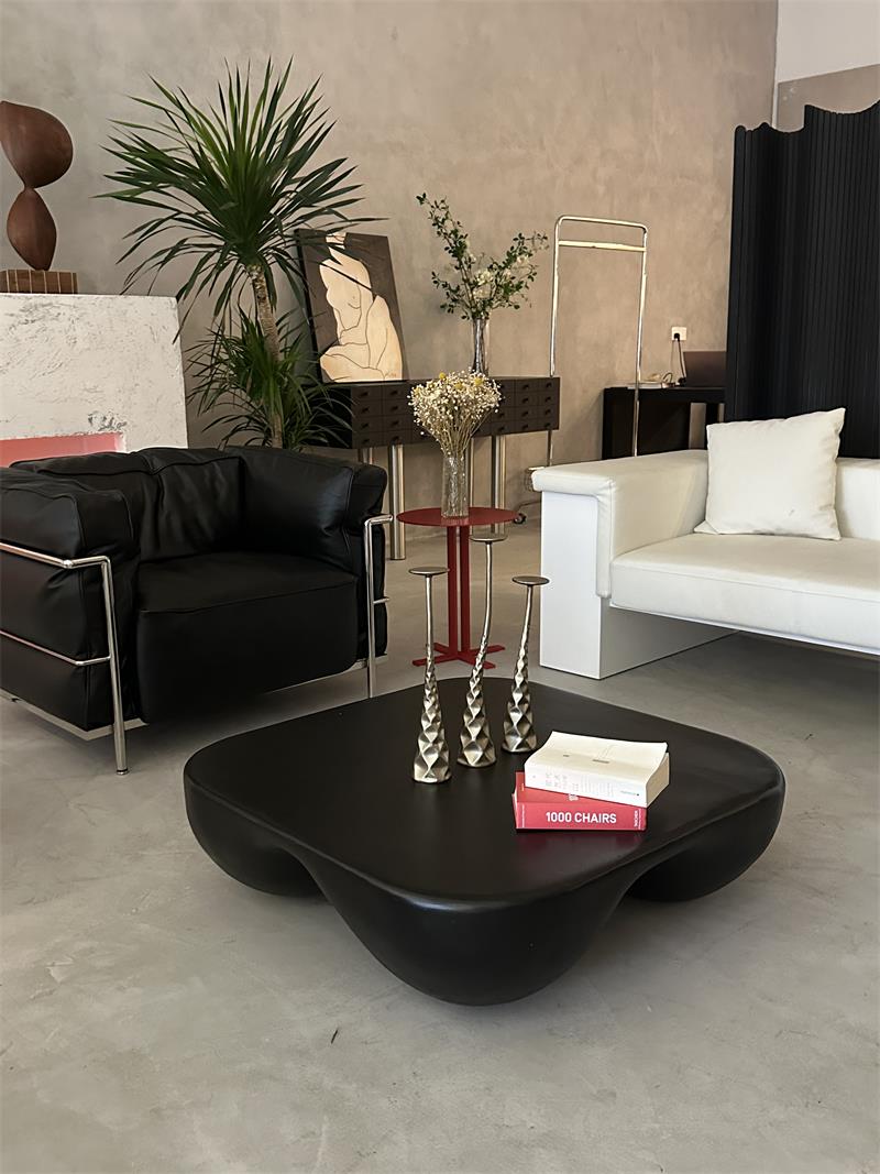 Modern organic-shaped irregular matte black living room coffee table