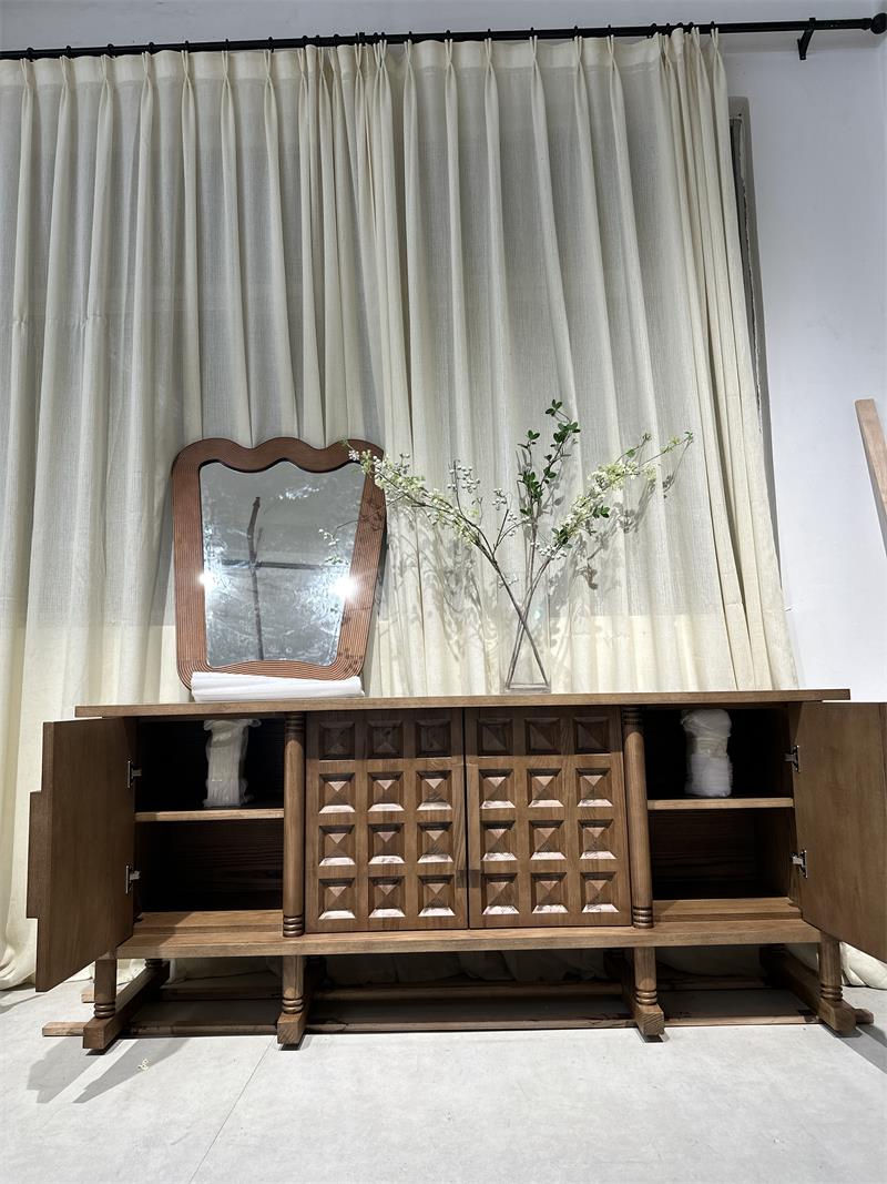 Modern Minimalist Geometric Carved Cottage-Style Solid Wood Sideboard