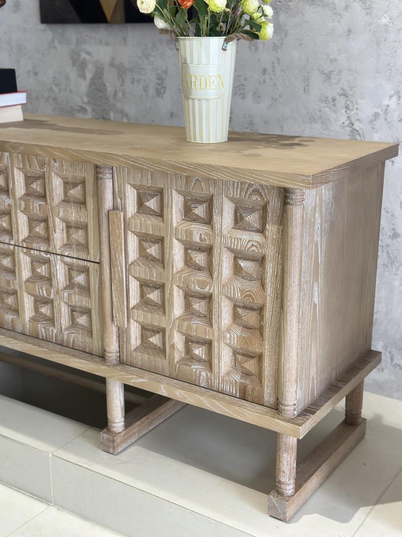 Modern Minimalist Geometric Carved Cottage-Style Solid Wood Sideboard