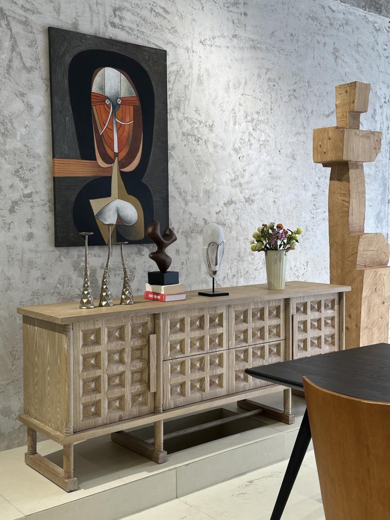 Modern Minimalist Geometric Carved Cottage-Style Solid Wood Sideboard