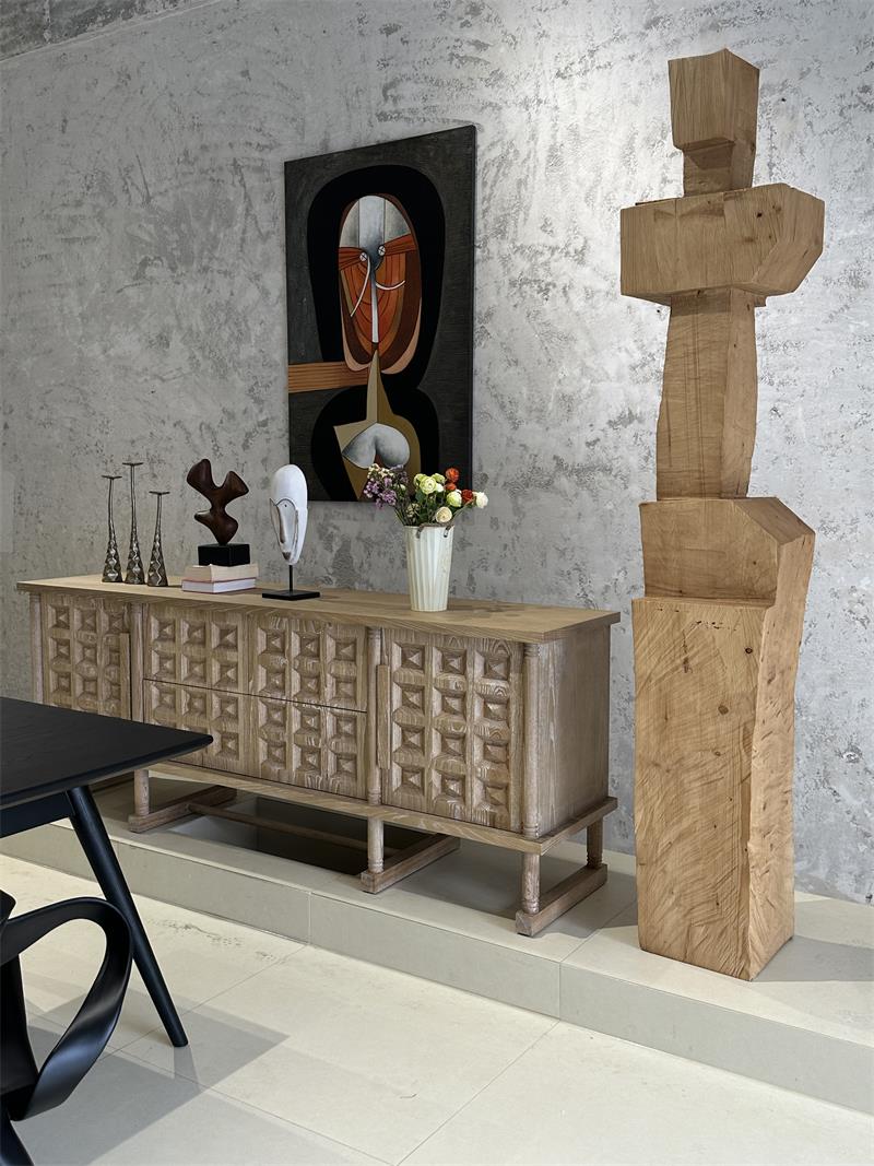 Modern Minimalist Geometric Carved Cottage-Style Solid Wood Sideboard