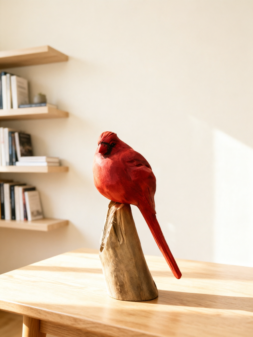 FREE SHIPPING | Red Cardinal Bird Sculpture | Handcrafted Wooden Bird Figurine | Minimalist Nature Home Decor | Garden Table Accent Ornament
