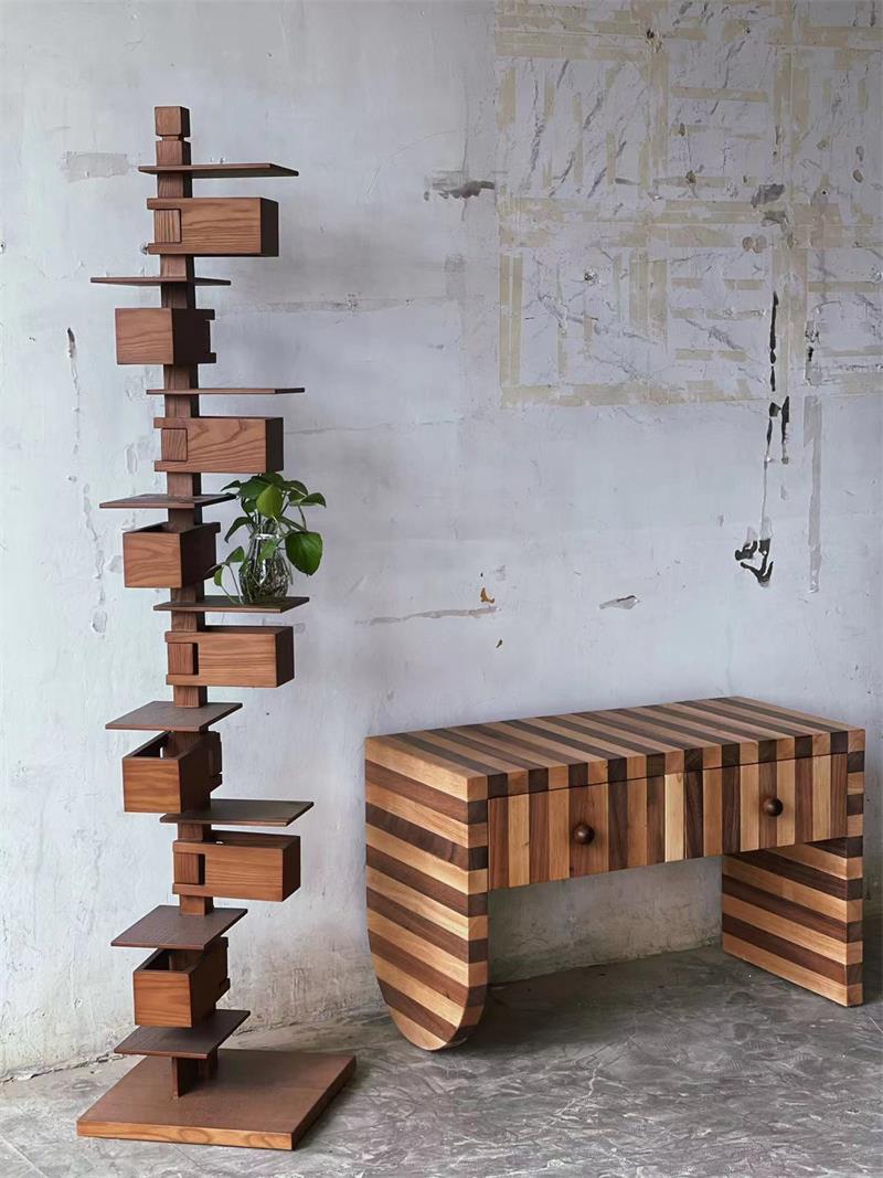 Geometric Stacked Wooden Abstract Sculpture Floor Lamp