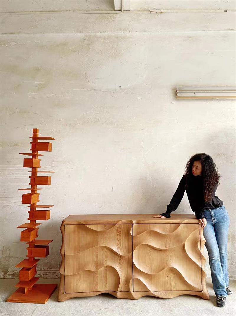 Geometric Stacked Wooden Abstract Sculpture Floor Lamp