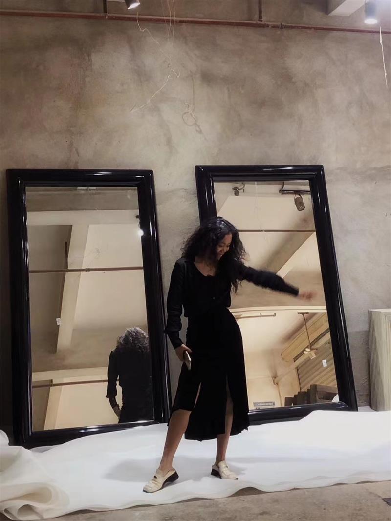 Modern large rectangular vertical black wide-frame full-length floor mirror