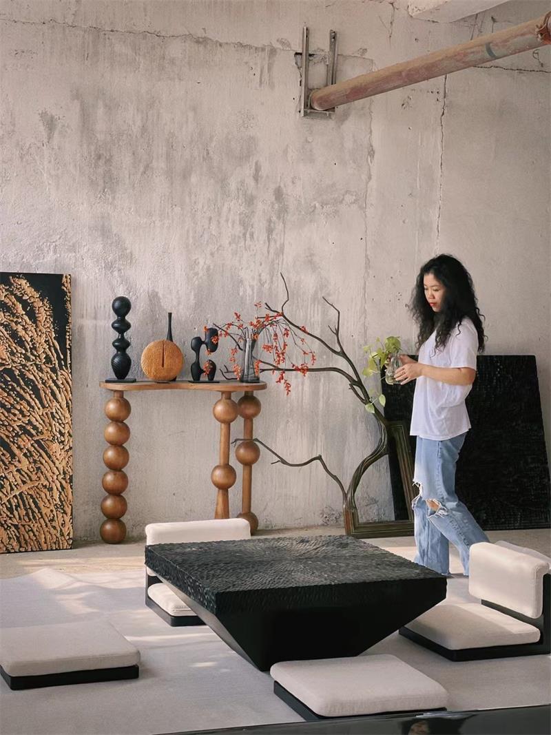 Modern black textured square sculptural-style tea table coffee table