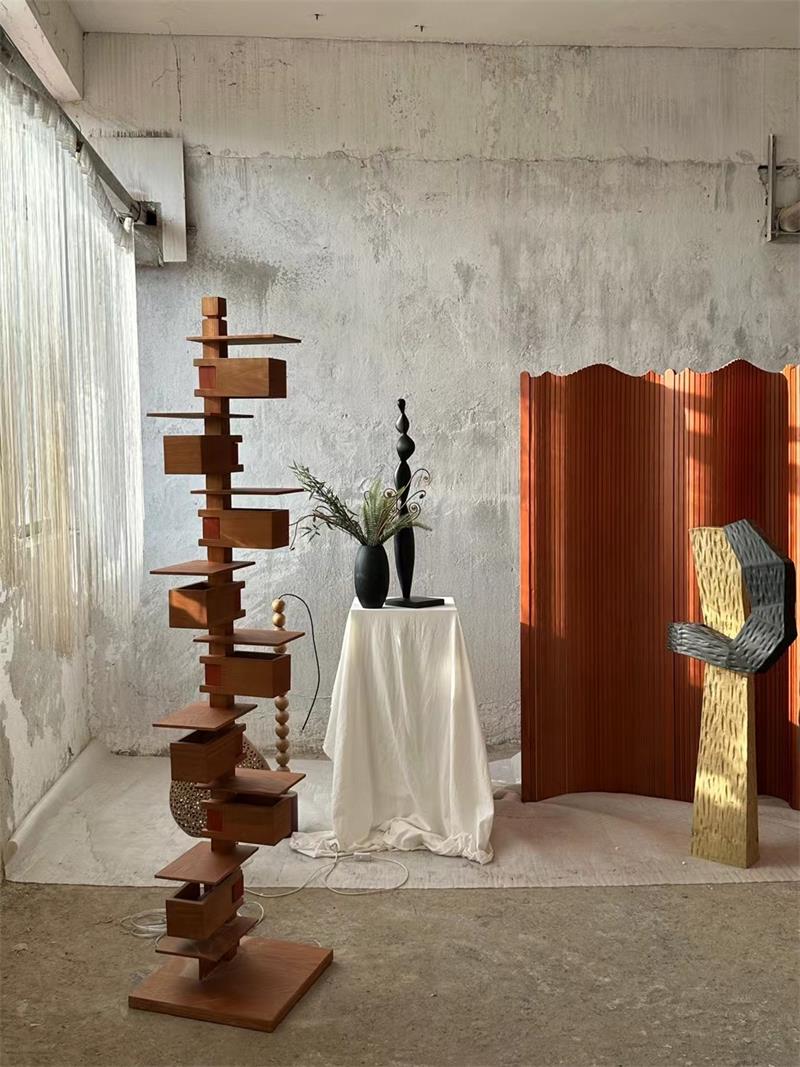 Geometric Stacked Wooden Abstract Sculpture Floor Lamp