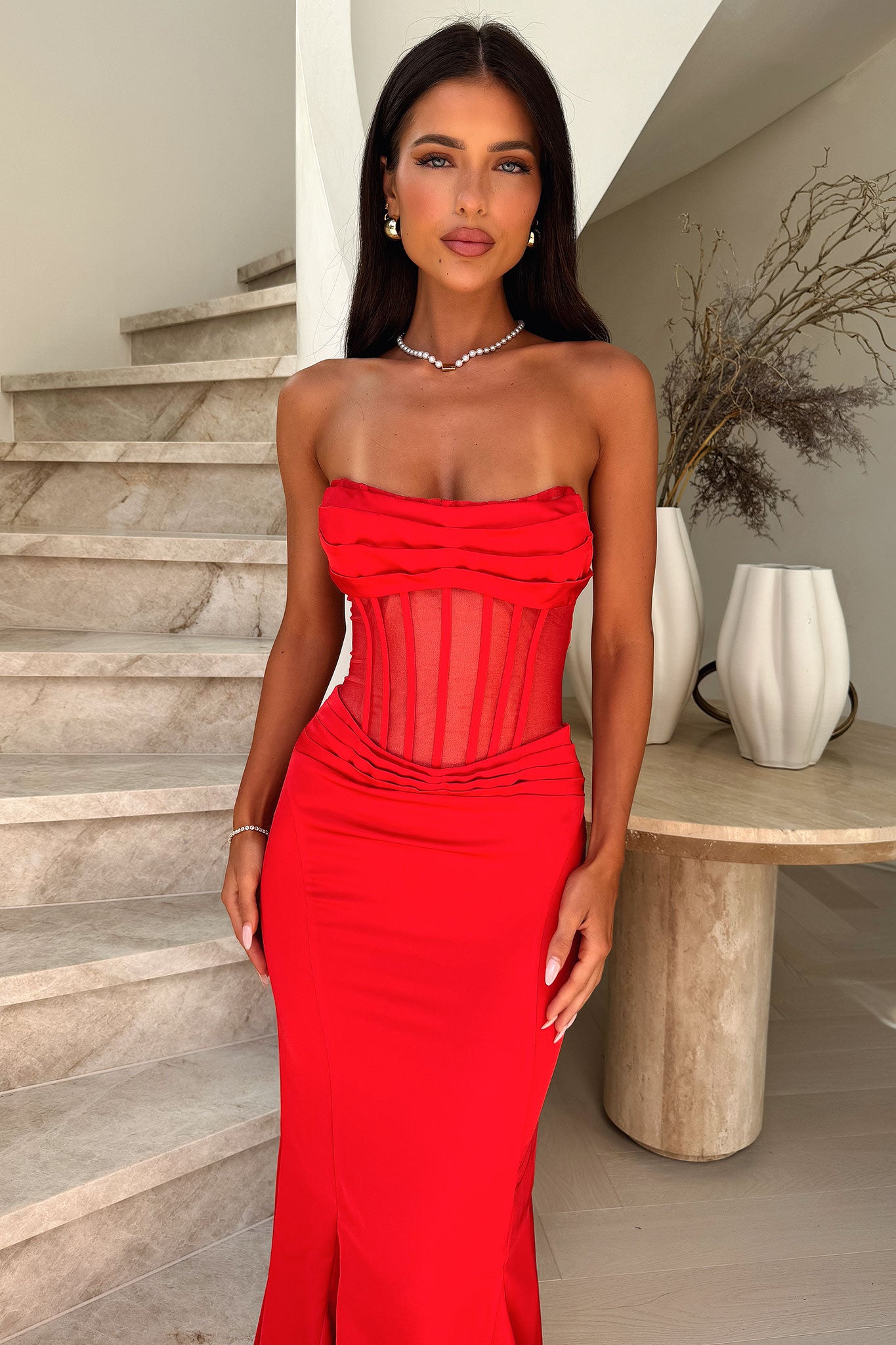 Aderyn Satin Corset Maxi Dress - Red-Coutiqo