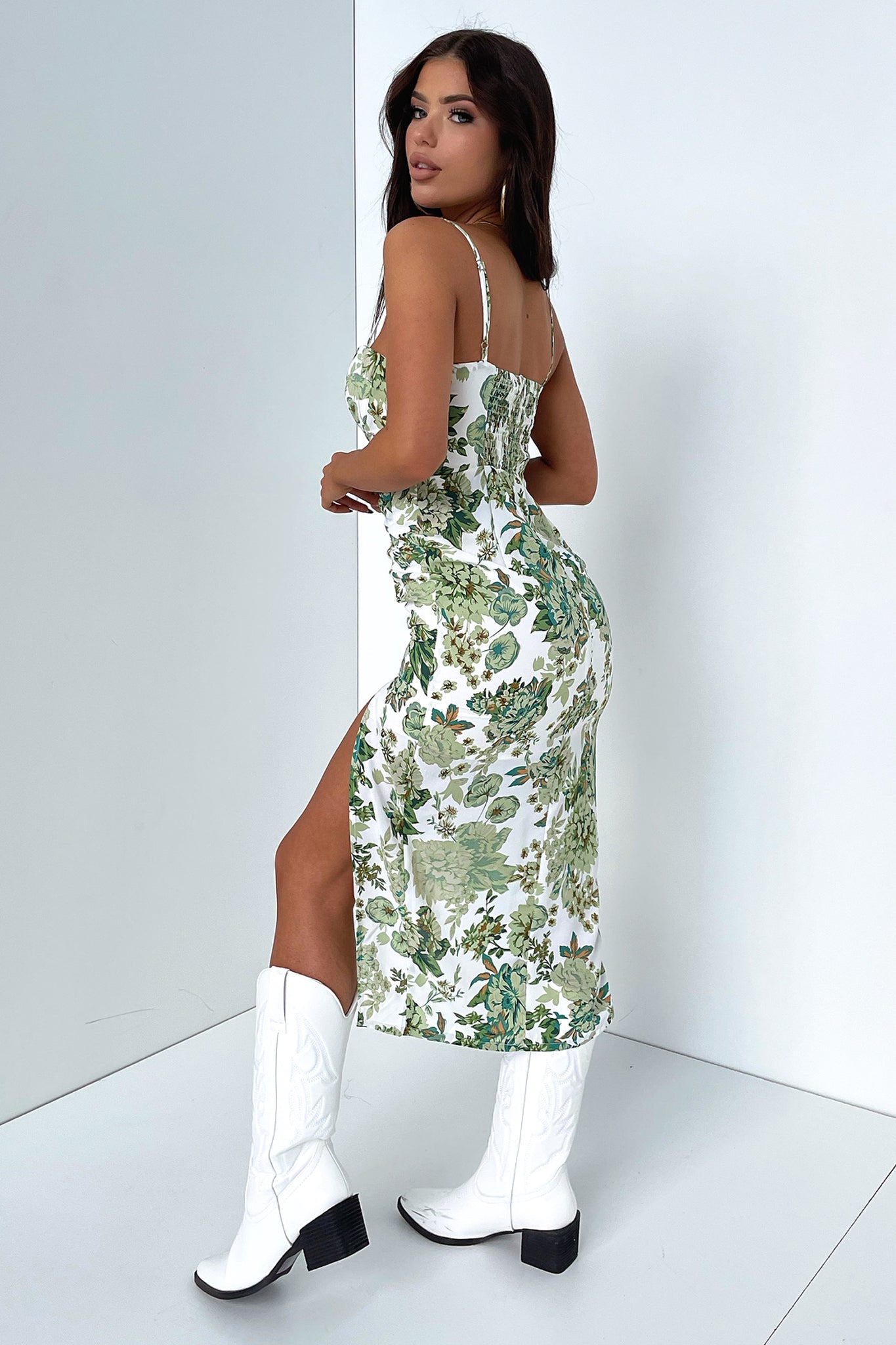 Astra Midi Dress - Green Floral-Coutiqo
