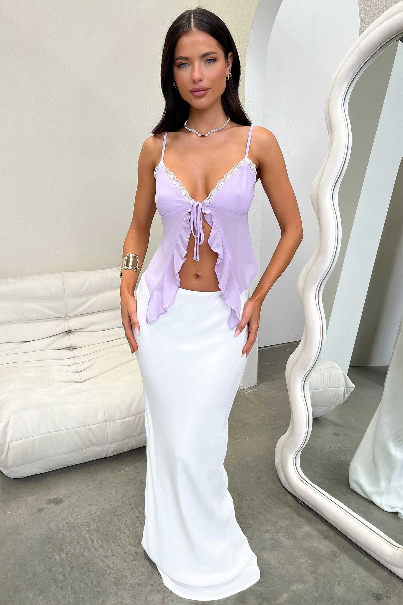 Bridget Lace Trim Tie Front Top - Lilac-Coutiqo