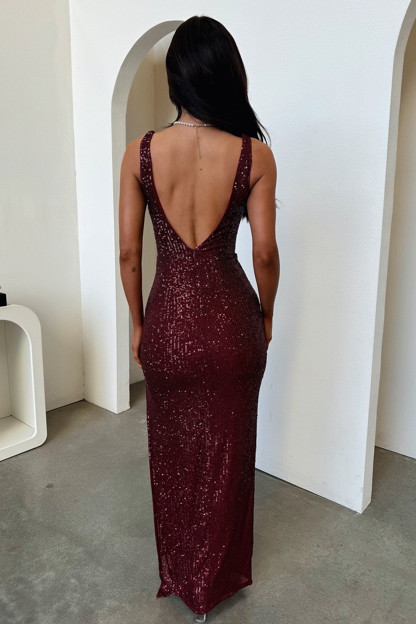 Lepore Sequin Cowl Neck Maxi Dress - Burgundy-Coutiqo