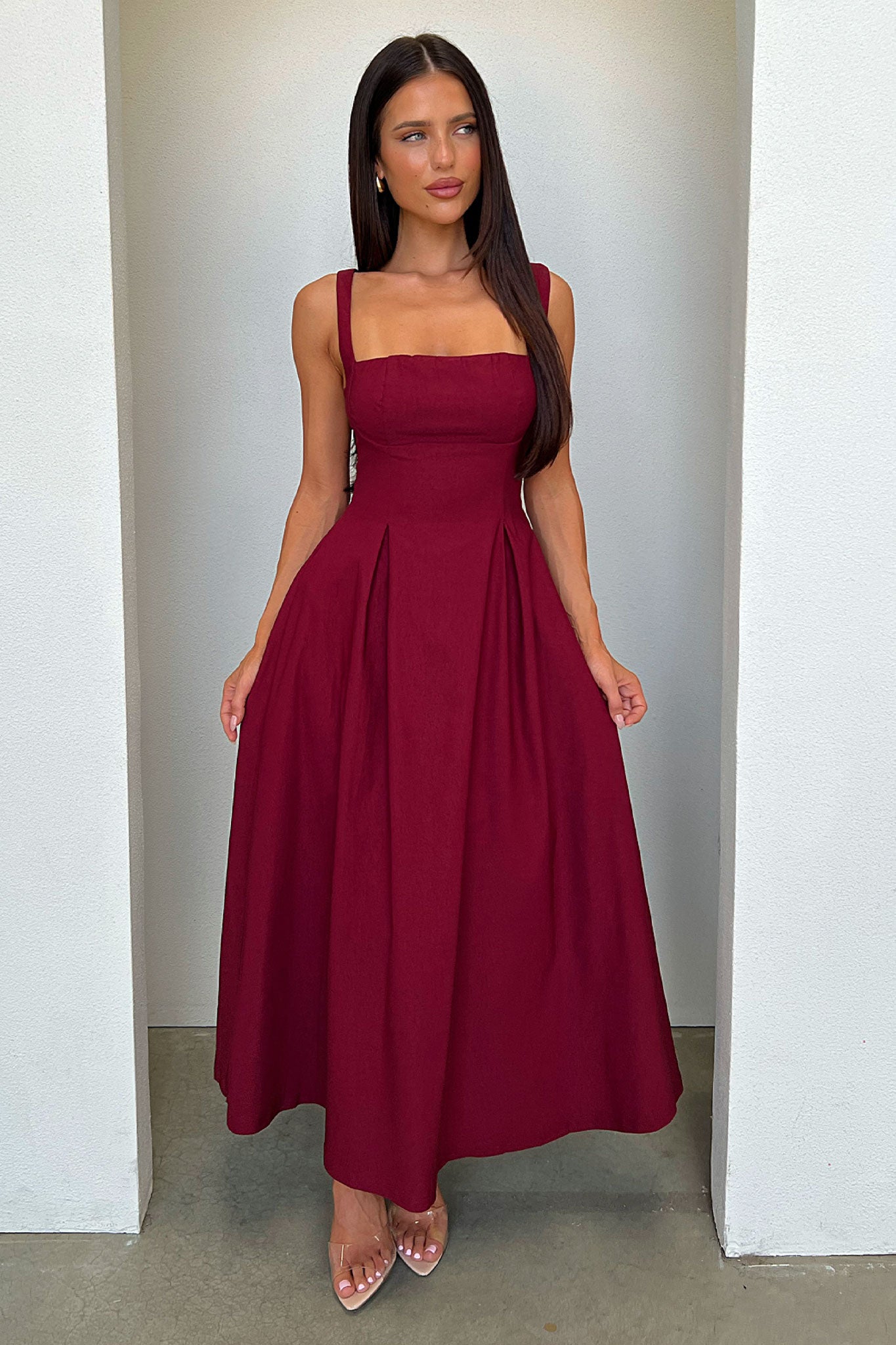 Chantelle Square Neck Midi Dress - Burgundy-Coutiqo
