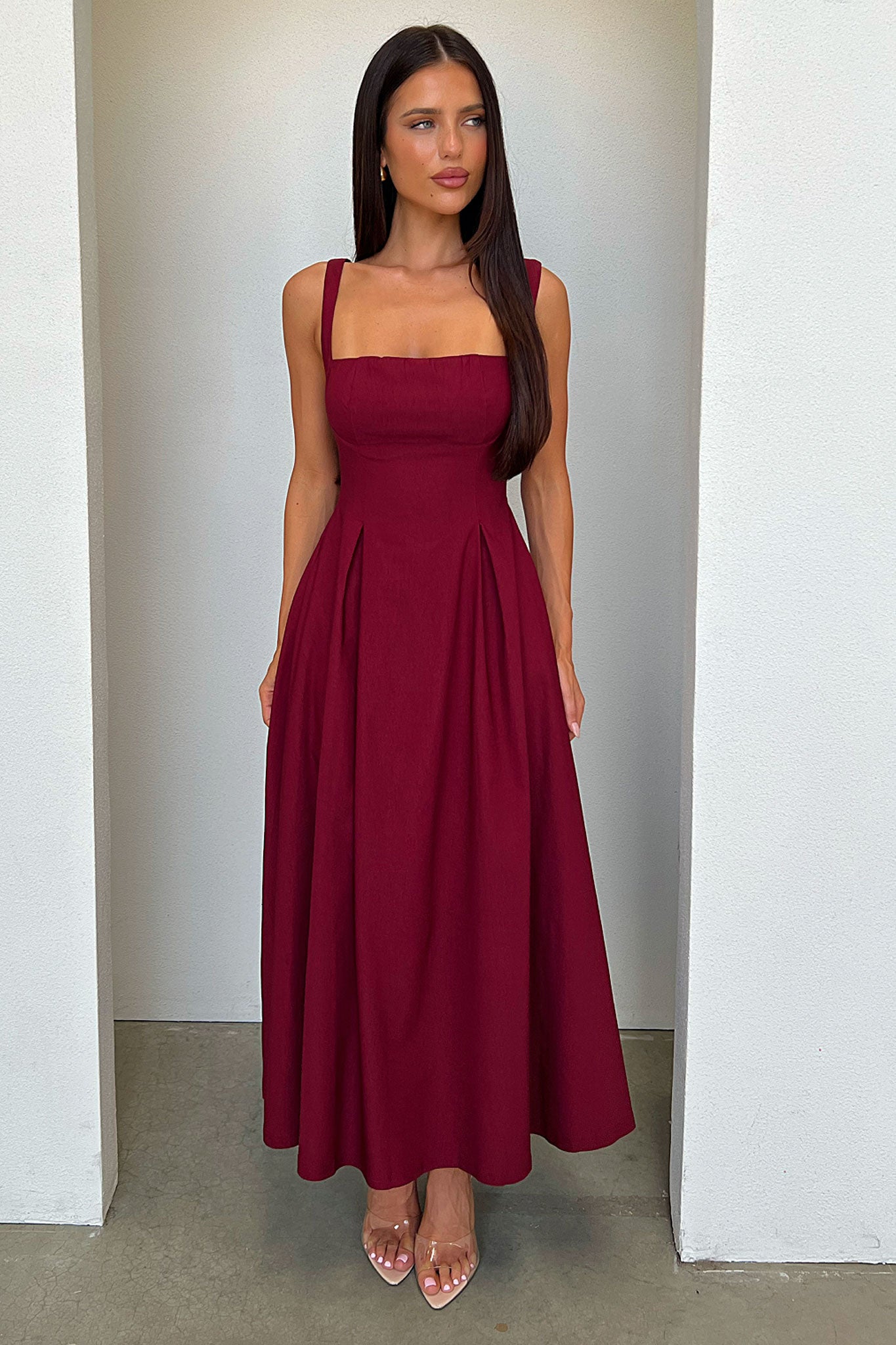 Chantelle Square Neck Midi Dress - Burgundy-Coutiqo