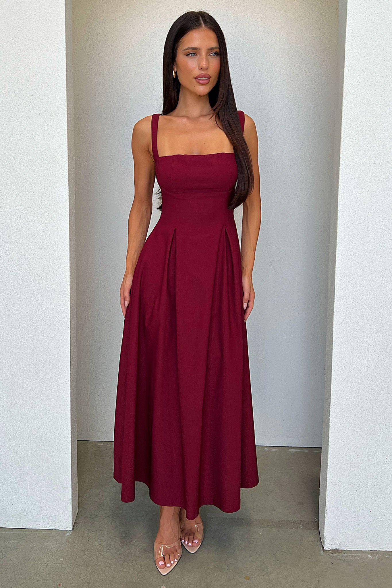 Chantelle Square Neck Midi Dress - Burgundy-Coutiqo