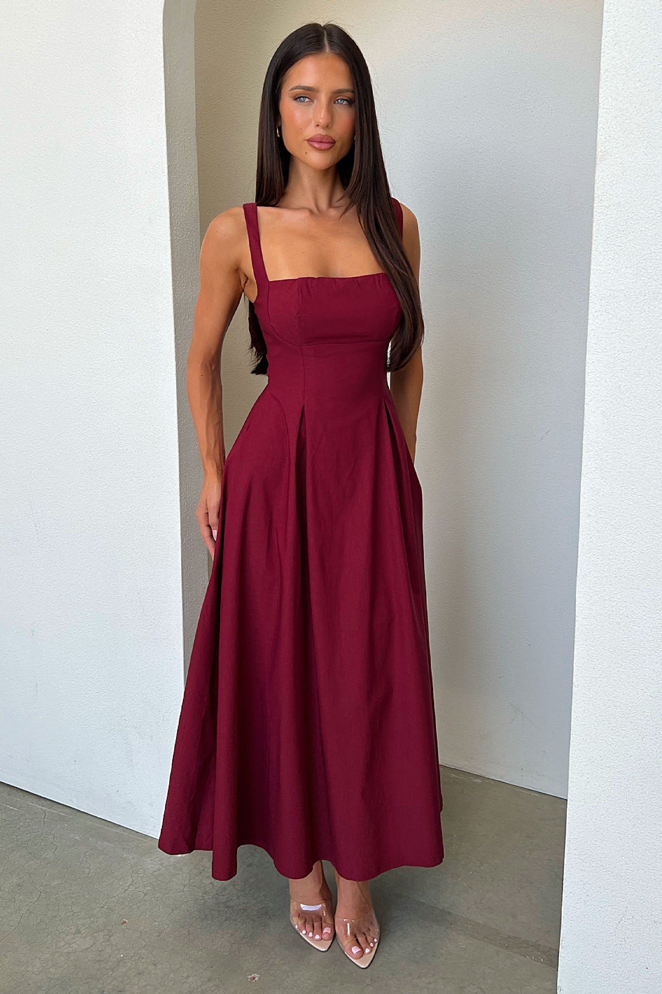 Chantelle Square Neck Midi Dress - Burgundy-Coutiqo