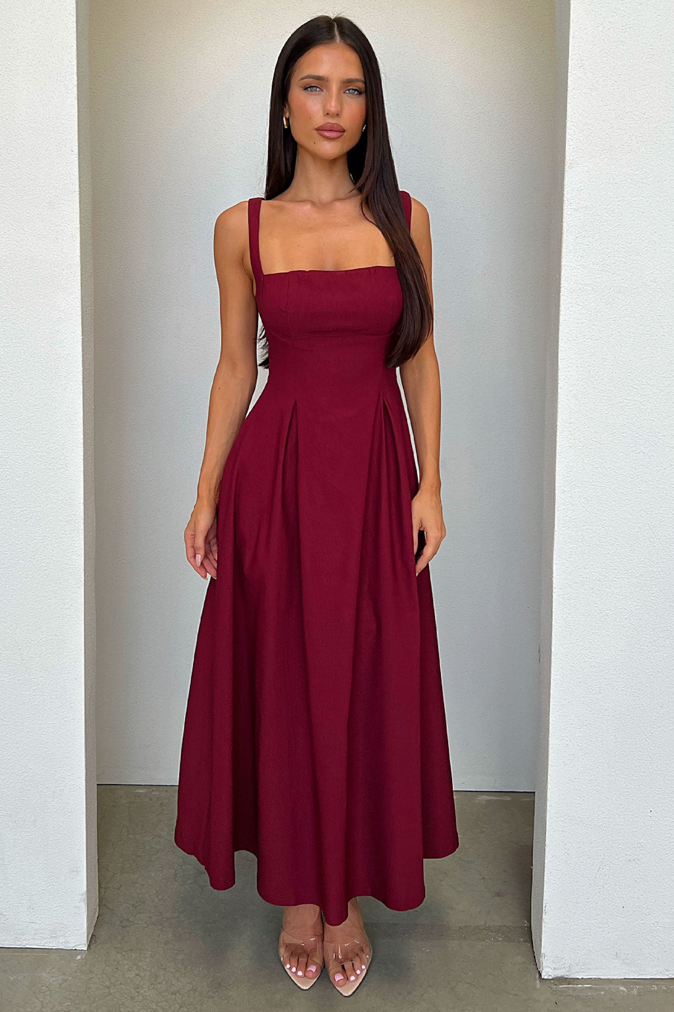 Chantelle Square Neck Midi Dress - Burgundy-Coutiqo