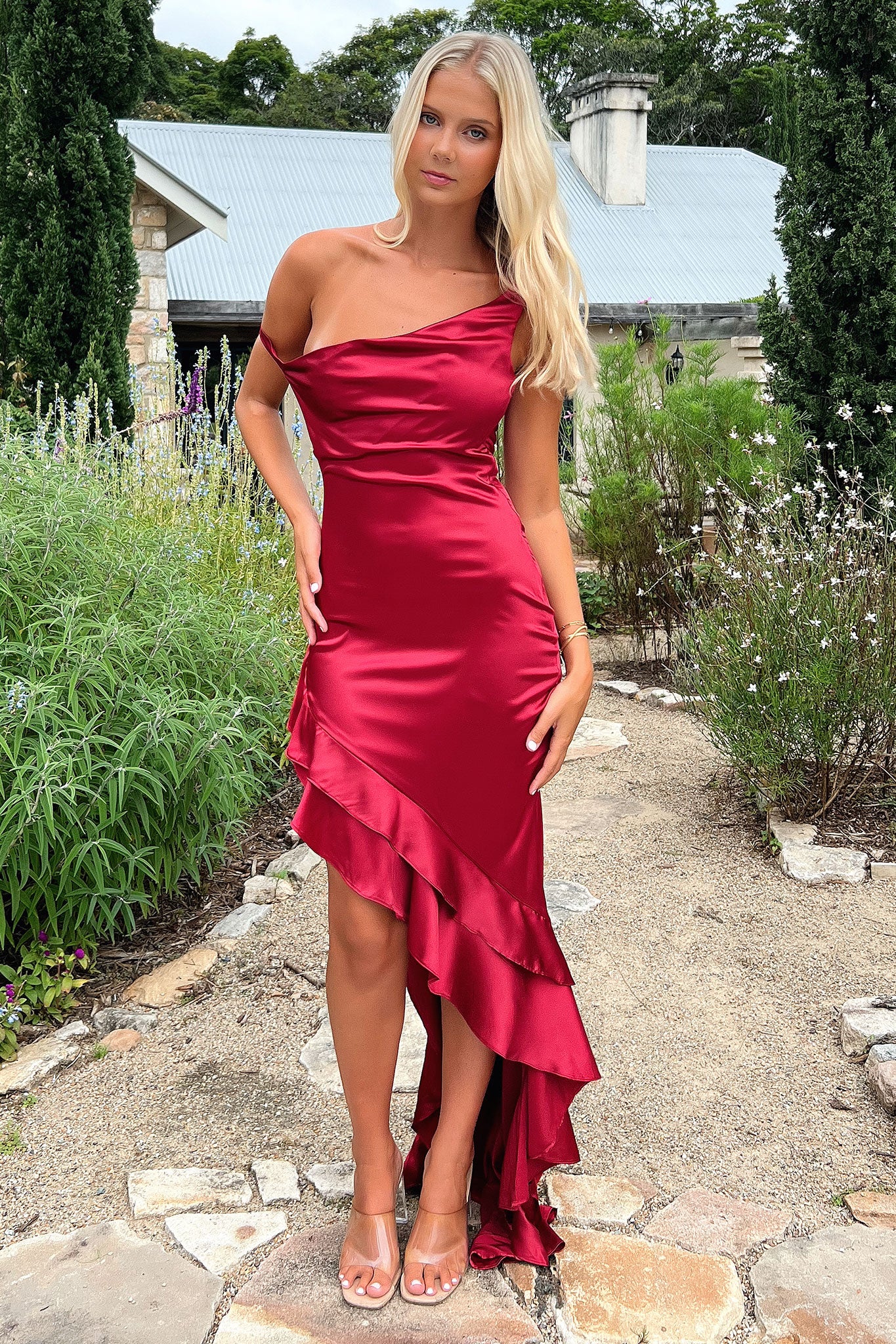 Daenerys Off Shoulder Satin Maxi Dress - Burgundy-Coutiqo