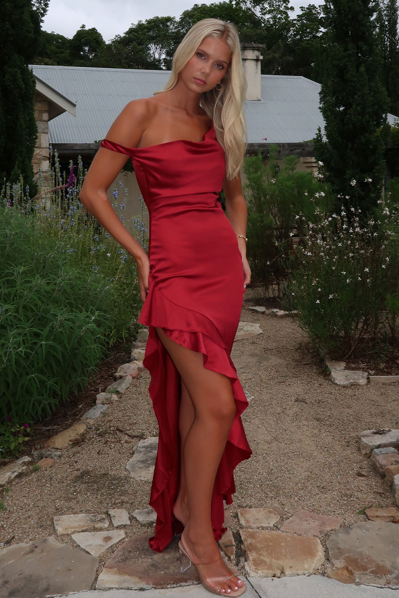 Daenerys Off Shoulder Satin Maxi Dress - Burgundy-Coutiqo