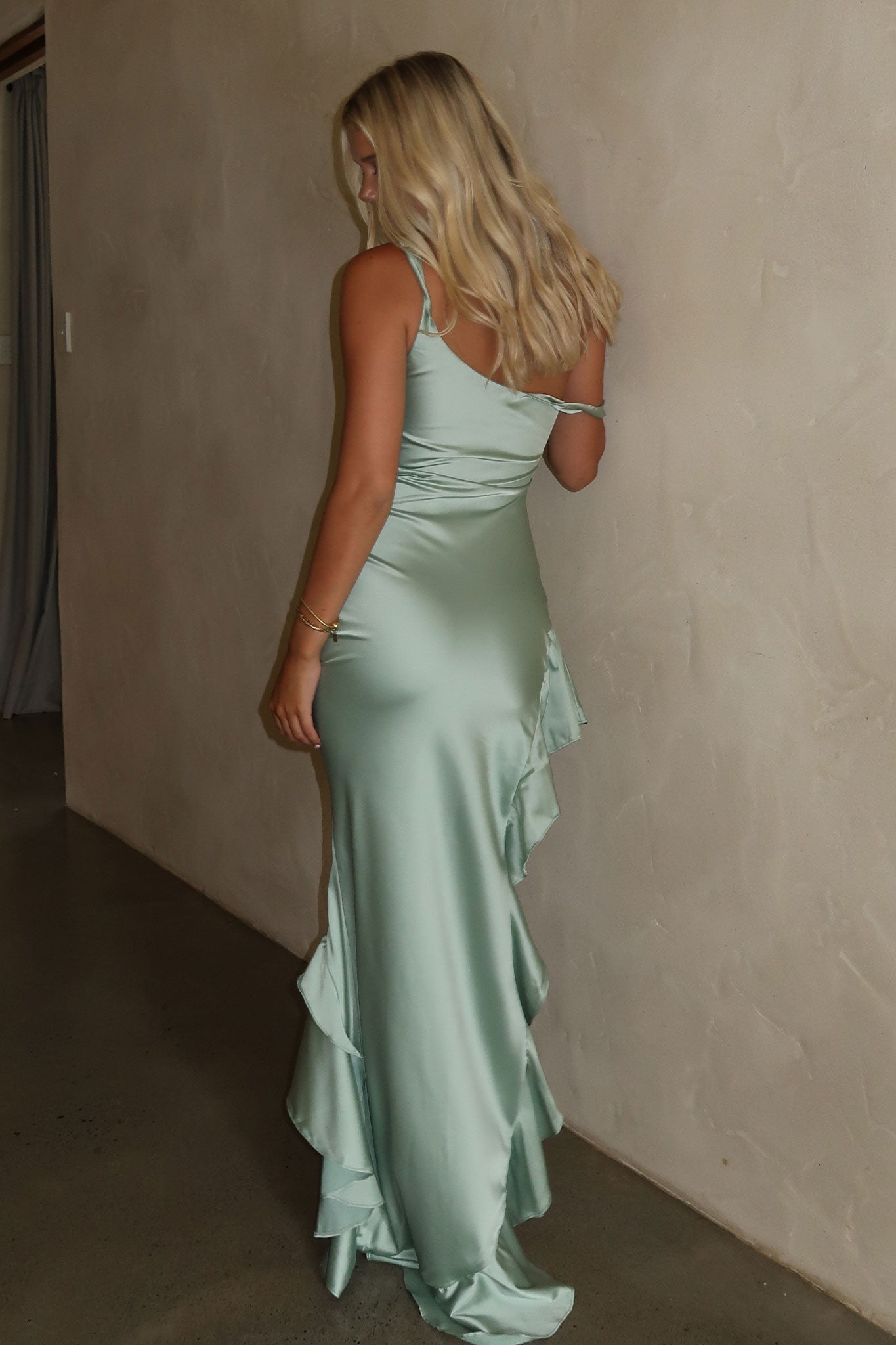 Daenerys Off Shoulder Satin Maxi Dress - Sage-Coutiqo