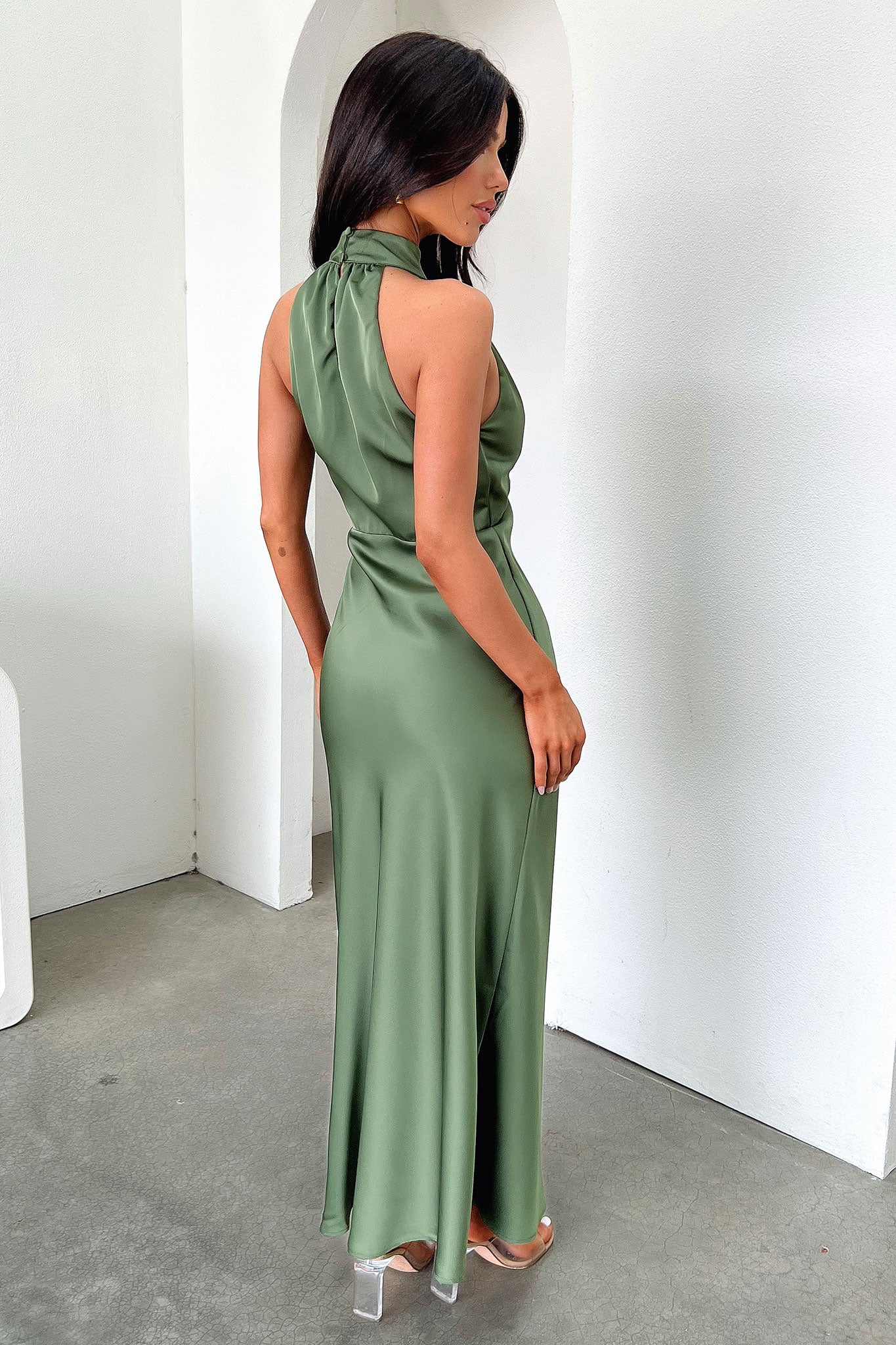 Daphne High Neck Maxi Dress - Olive-Coutiqo