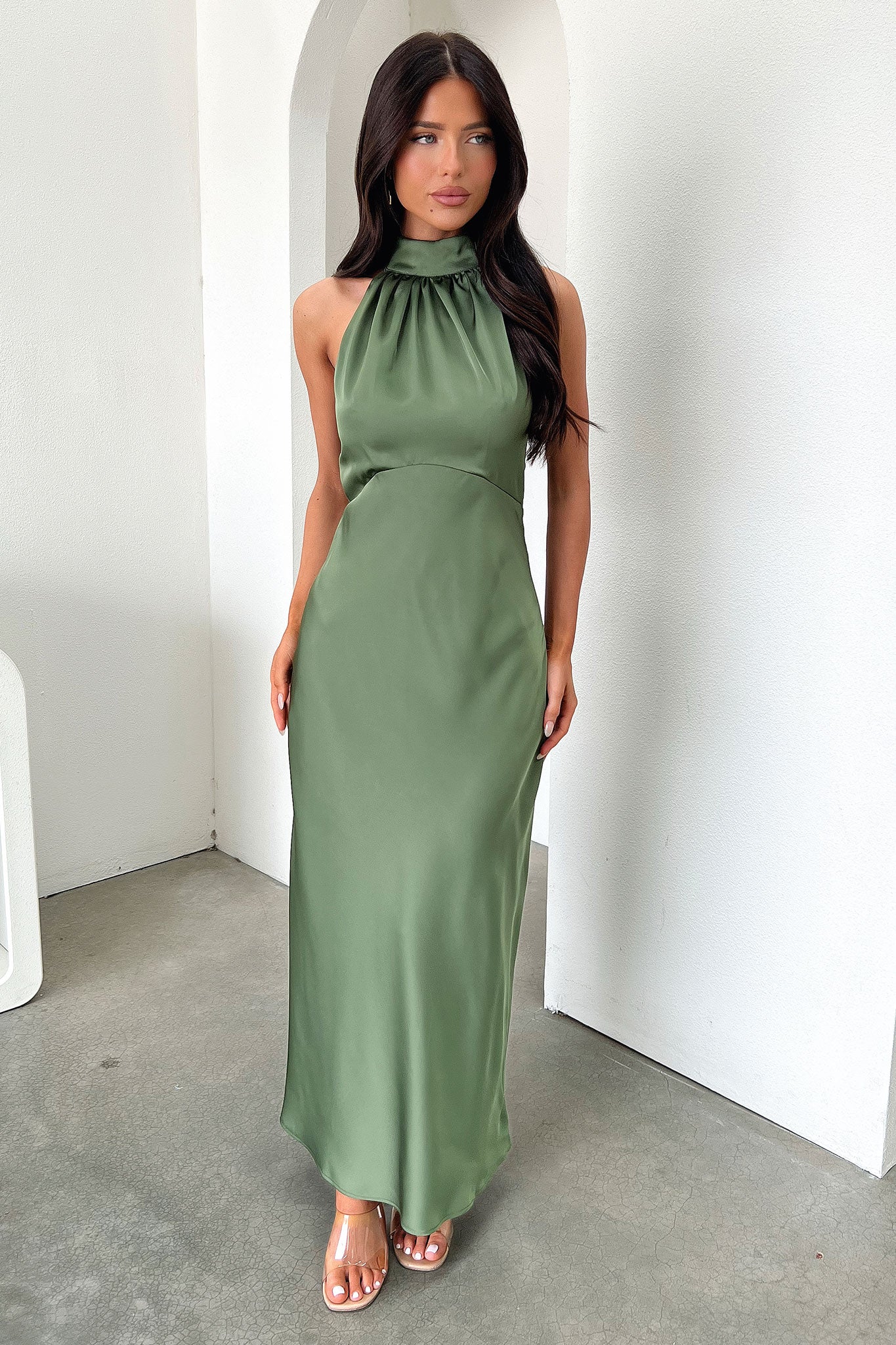 Daphne High Neck Maxi Dress - Olive-Coutiqo
