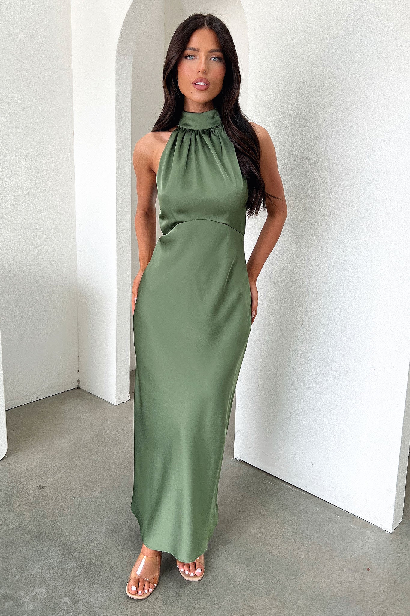 Daphne High Neck Maxi Dress - Olive-Coutiqo