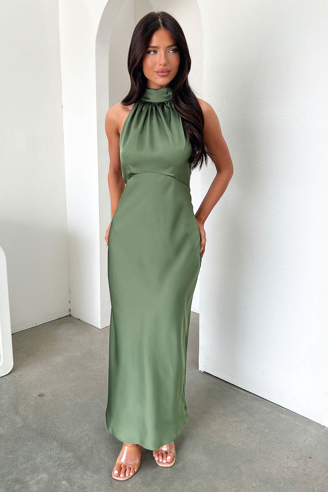Daphne High Neck Maxi Dress - Olive-Coutiqo