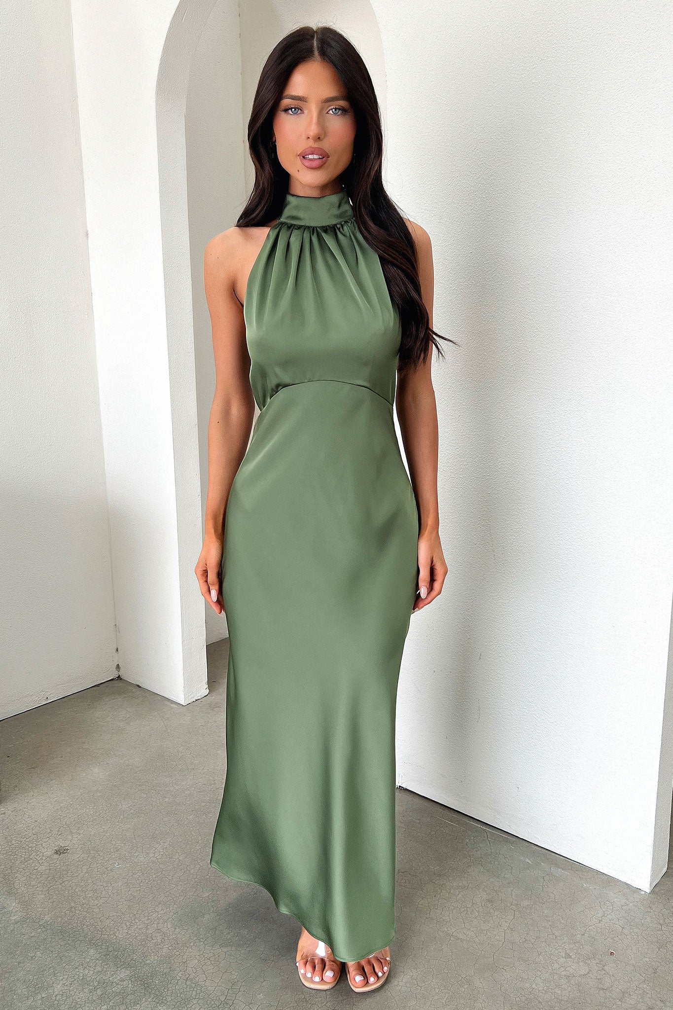 Daphne High Neck Maxi Dress - Olive-Coutiqo