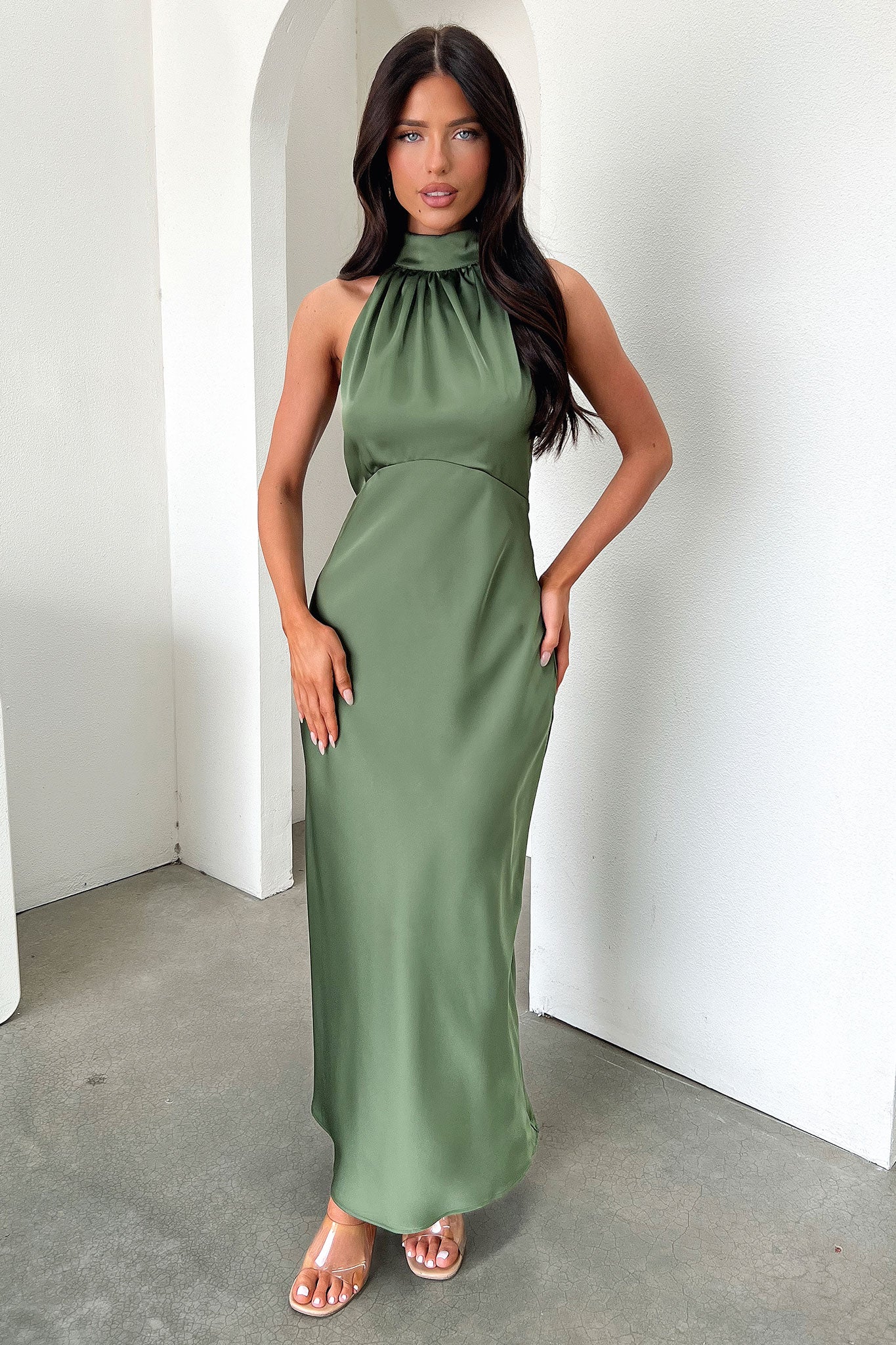 Daphne High Neck Maxi Dress - Olive-Coutiqo