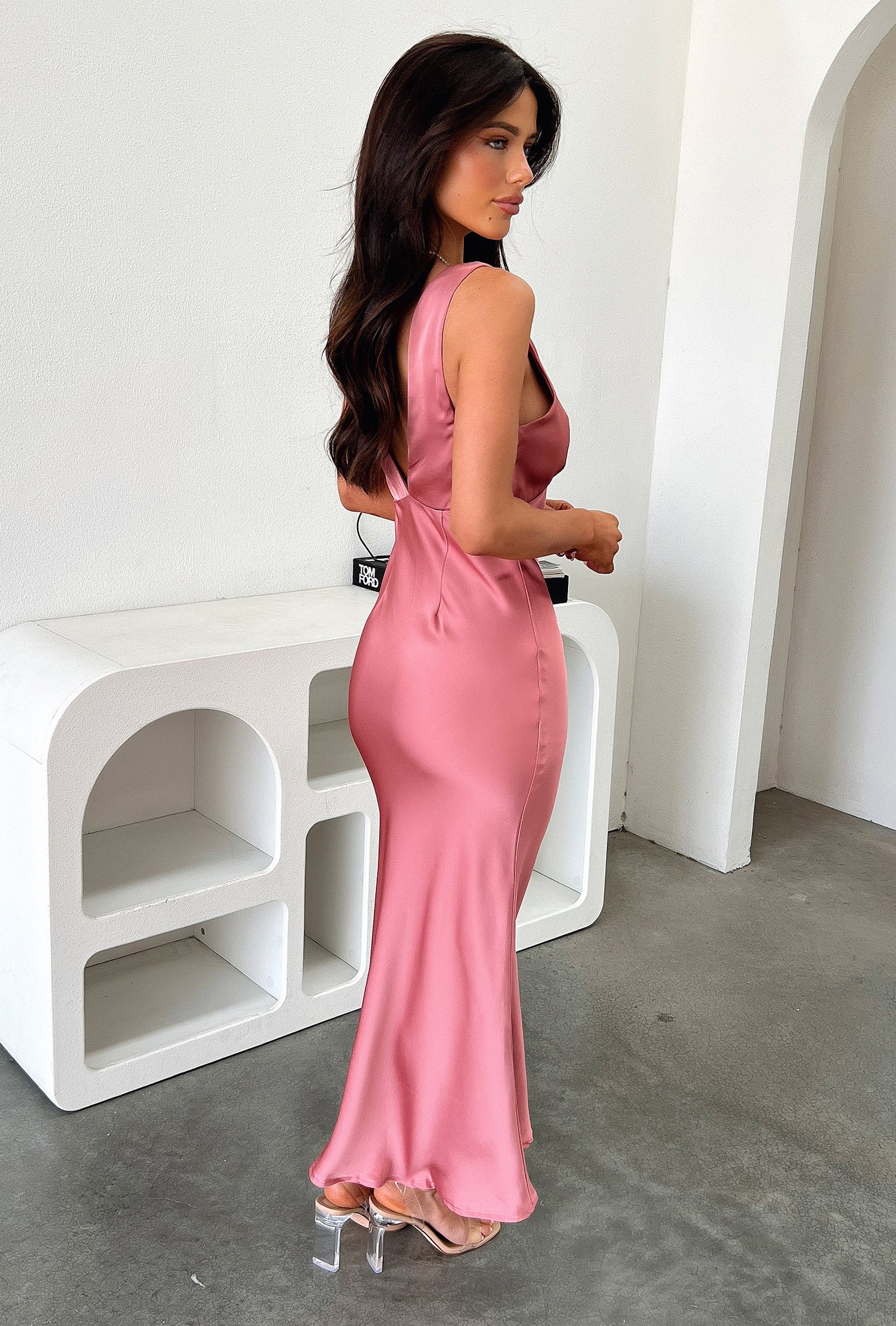 Delayne V-Neck Satin Midi Dress - Rose-Coutiqo