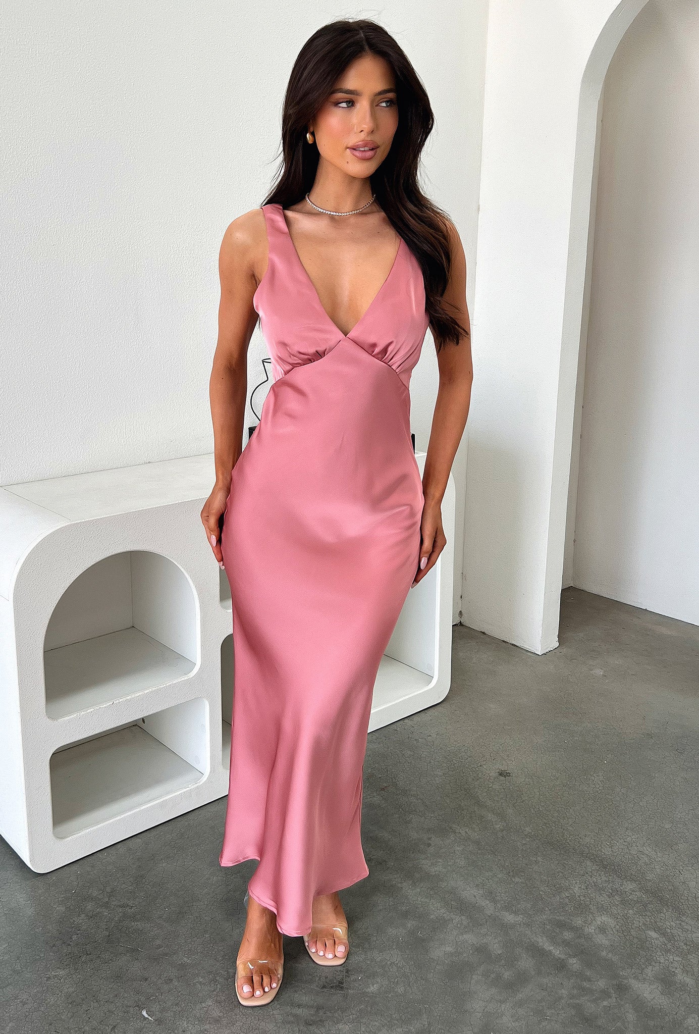 Delayne V-Neck Satin Midi Dress - Rose-Coutiqo