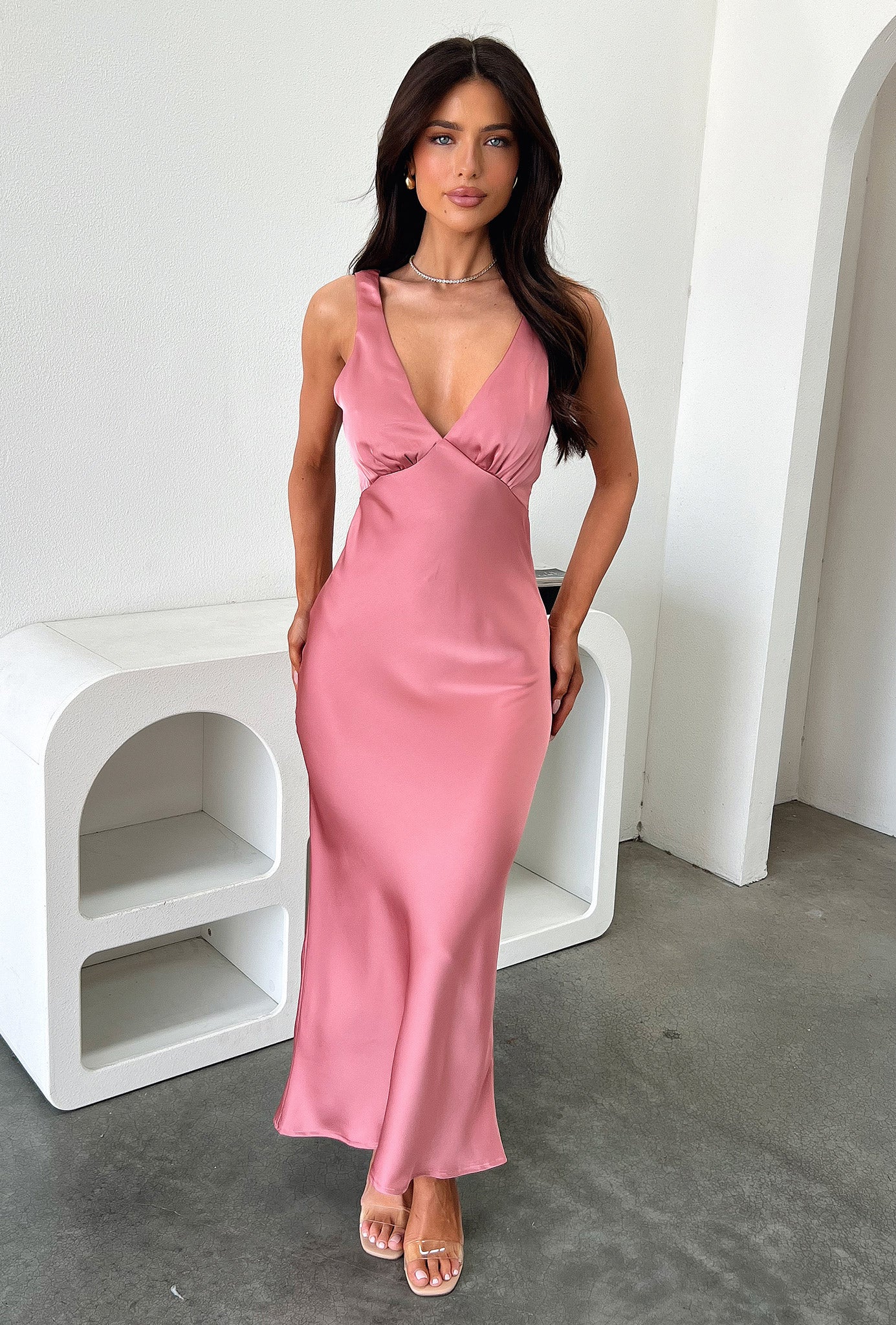 Delayne V-Neck Satin Midi Dress - Rose-Coutiqo