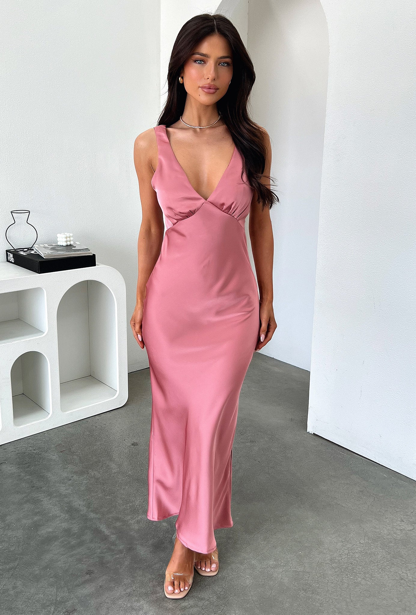 Delayne V-Neck Satin Midi Dress - Rose-Coutiqo