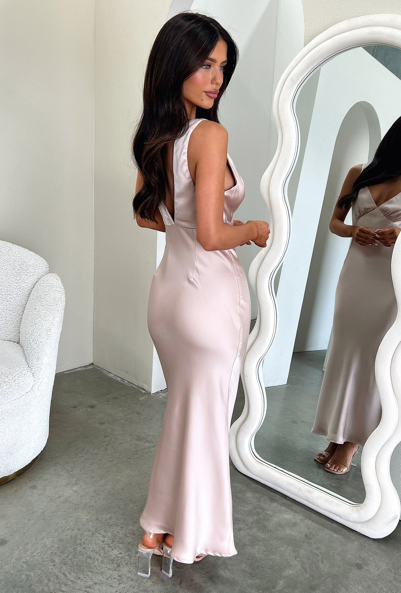 Delayne V-Neck Satin Midi Dress - Champagne-Coutiqo